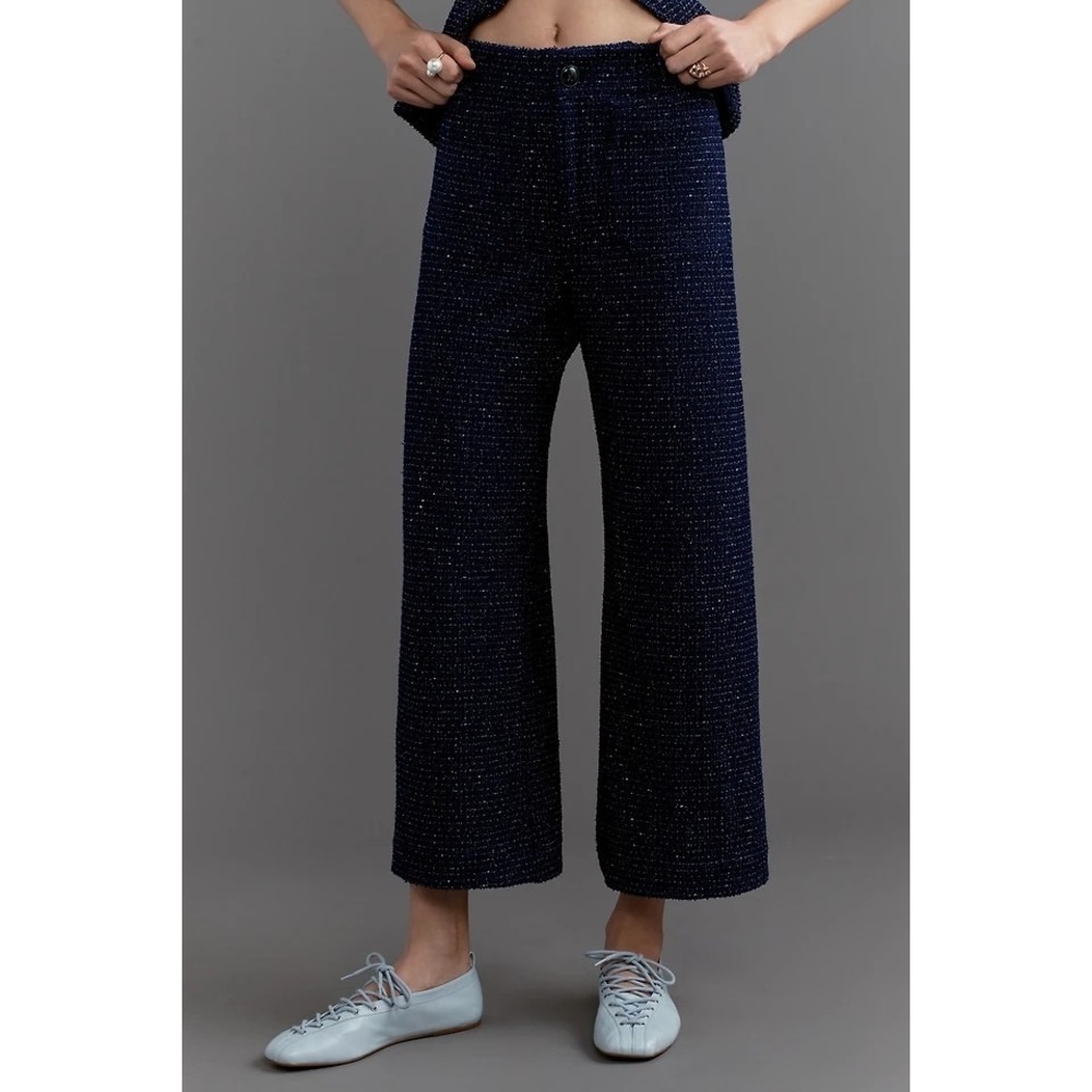 Anthropologie Maeve Colette Navy Blue Tweed Cropped Wide-Leg Pants Size 34 NWT